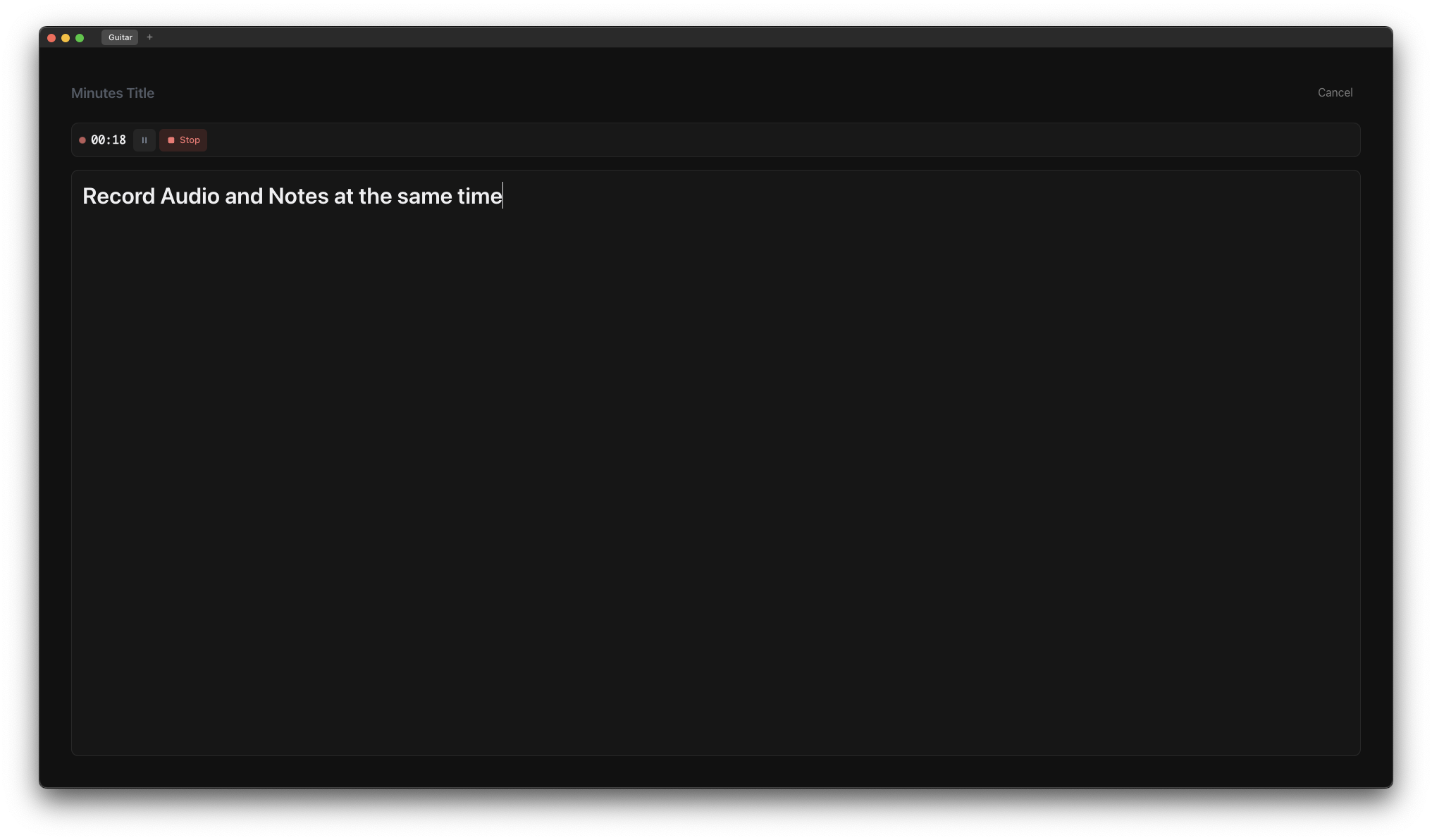 Screenshot of the Minutes interface showing the recording controls and text editor